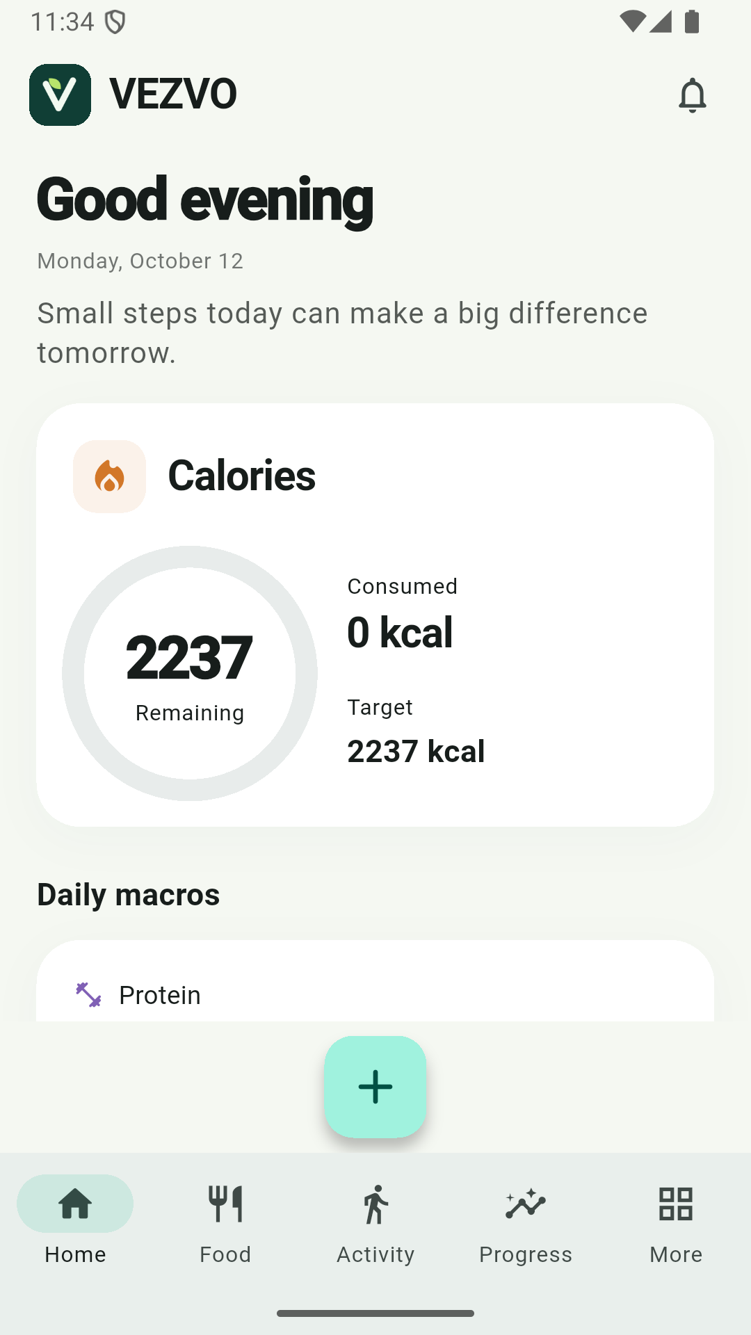VEZVO Android home screen with calorie and daily macro tracking